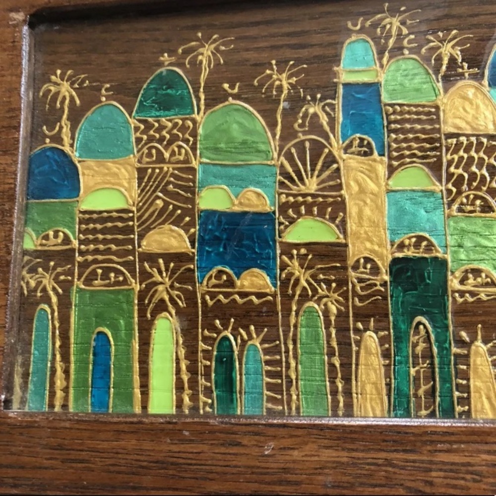 Glass Wood Tray Hand Painted JORDAN - Armenian Hagop Kokozian City Chuch Mosques - Picture 3 of 9